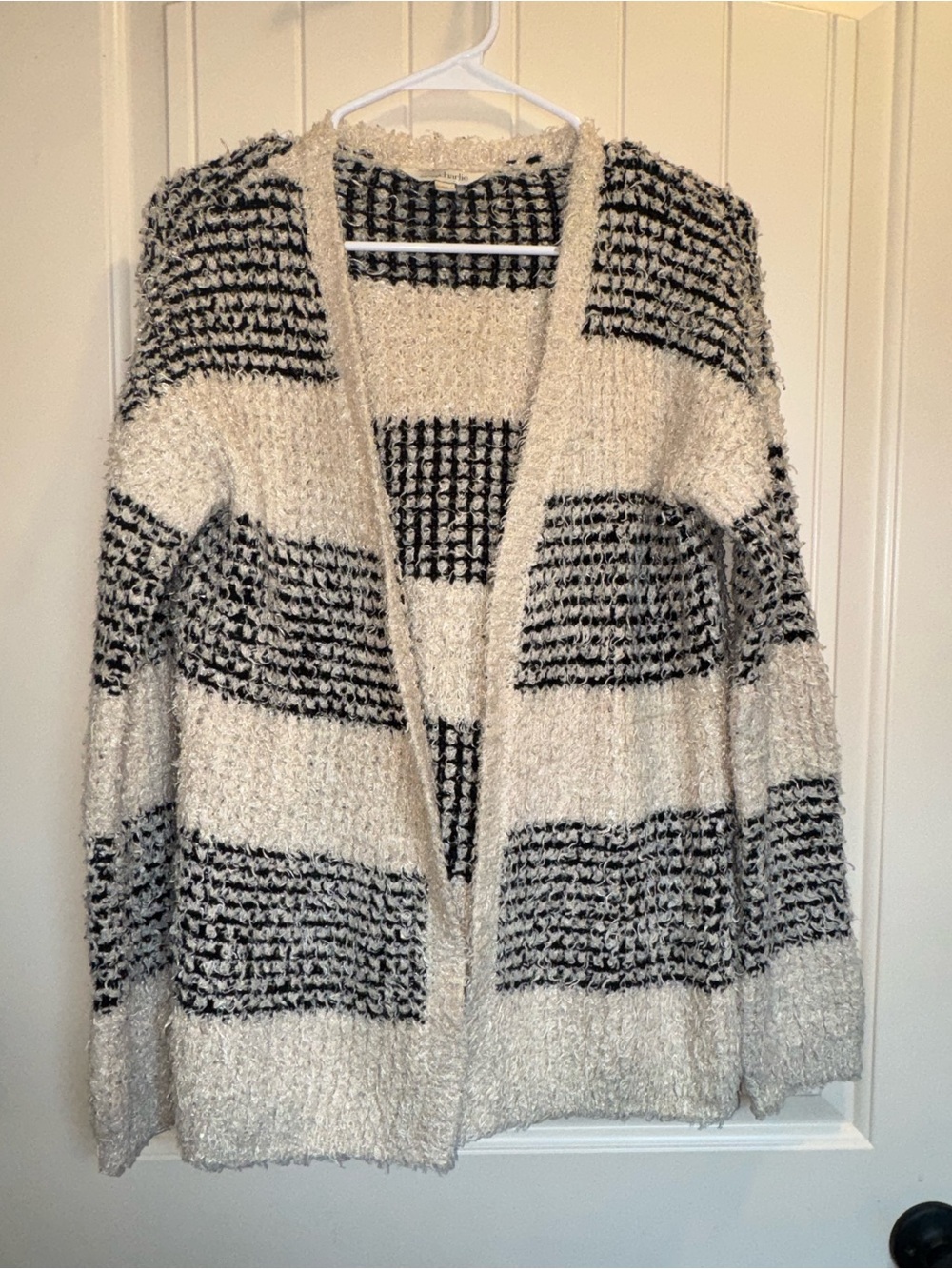 Charming Charlie Cream and Black Open-Front Textured Cardigan